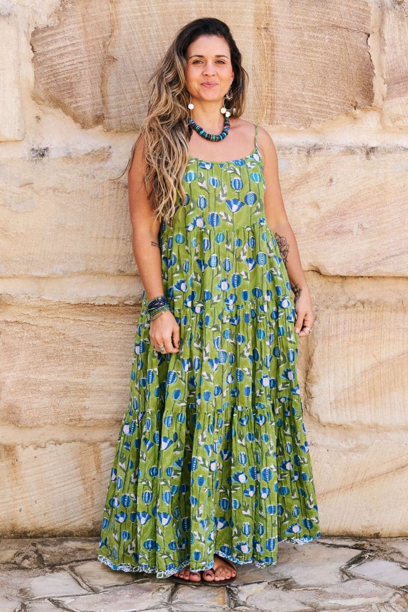 Womens, maxi, Sabine Dress, adjustable spaghetti straps, tiered, with belt. 100% Cotton, hand block print. Summer Green - Verde