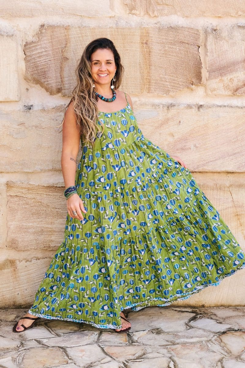 Womens, maxi, Sabine Dress, adjustable spaghetti straps, tiered, with belt. 100% Cotton, hand block print. Summer Green - Verde