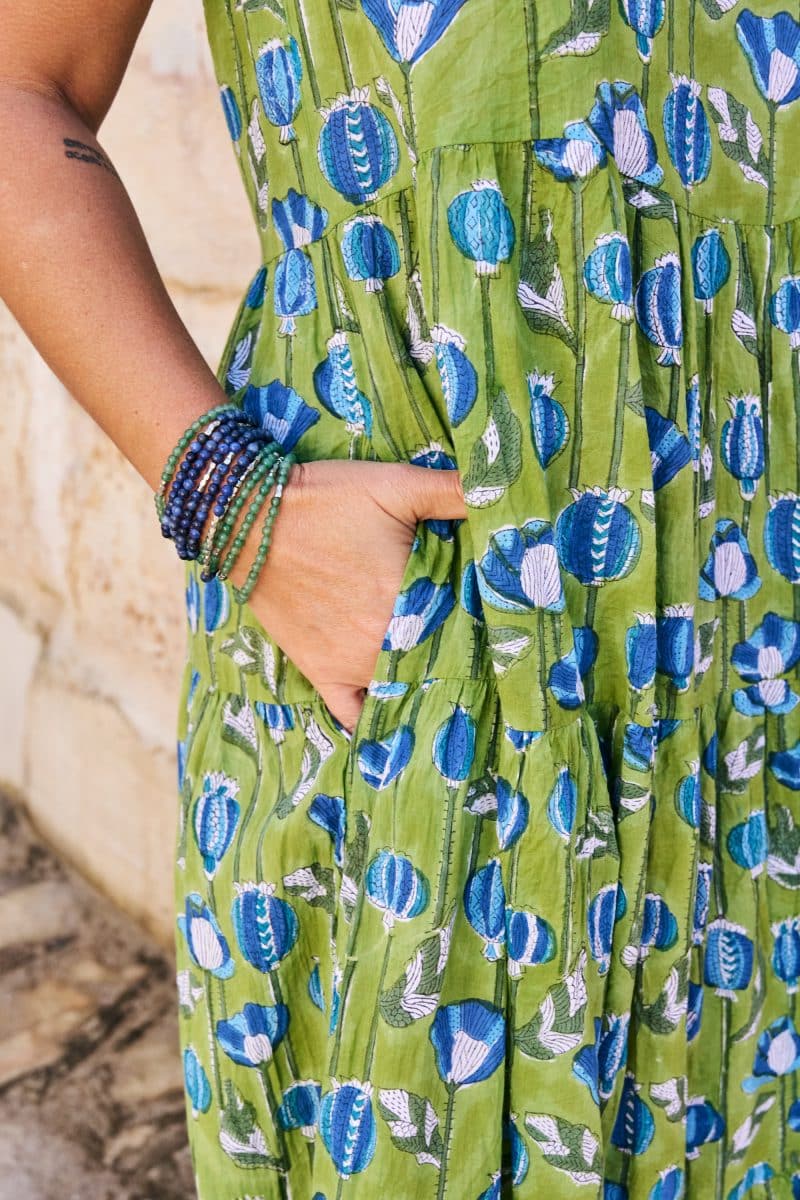 Womens, maxi, Sabine Dress, adjustable spaghetti straps, tiered, with belt. 100% Cotton, hand block print. Summer Green - Verde