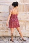 Womens, mini, Peggy Dress, adjustable spaghetti straps, 100% Cotton, hand block print. Aztec Red - Tavira