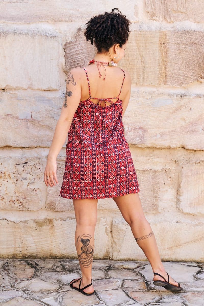 Womens, mini, Peggy Dress, adjustable spaghetti straps, 100% Cotton, hand block print. Aztec Red - Tavira