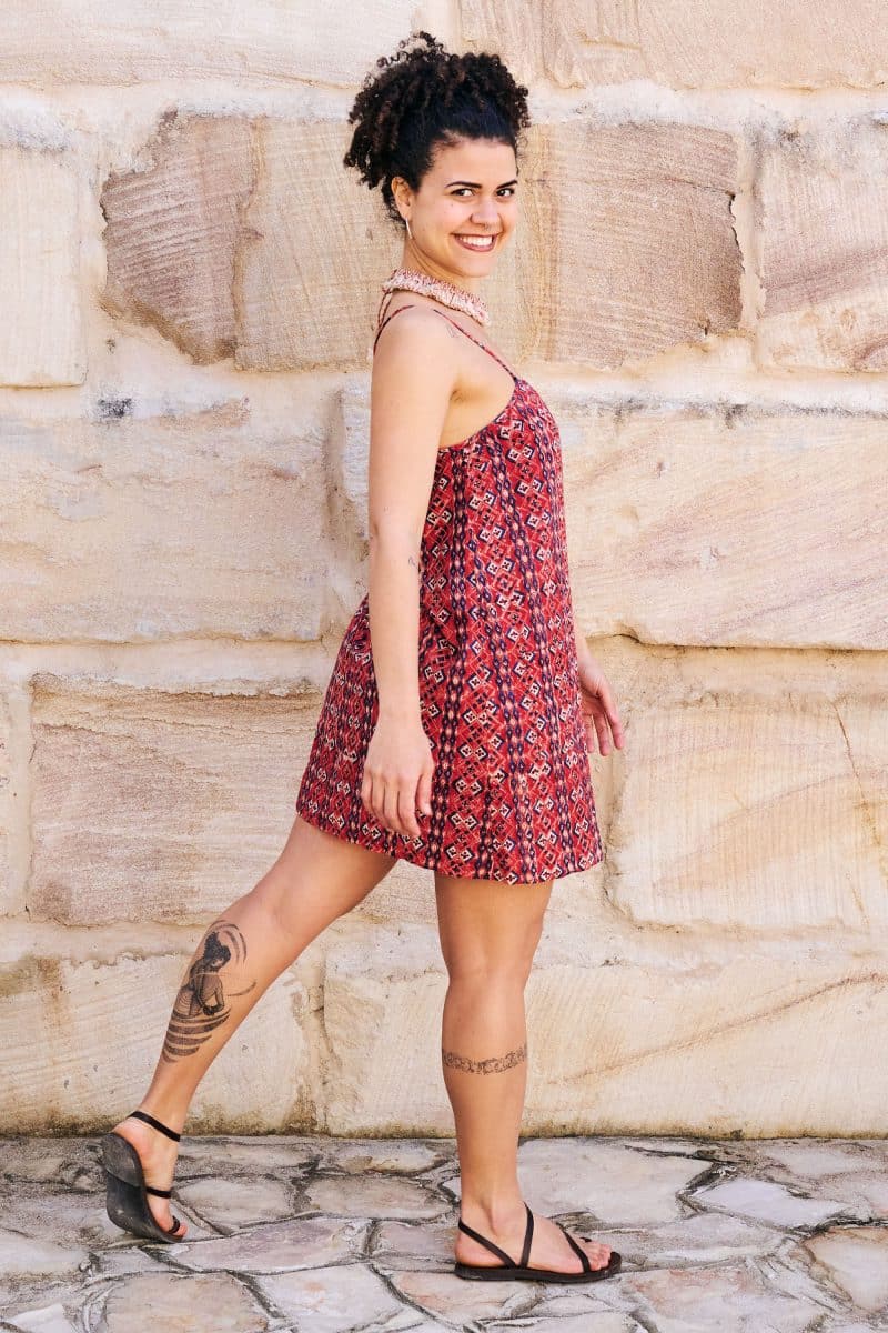 Womens, mini, Peggy Dress, adjustable spaghetti straps, 100% Cotton, hand block print. Aztec Red - Tavira