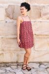 Womens, mini, Peggy Dress, adjustable spaghetti straps, 100% Cotton, hand block print. Aztec Red - Tavira