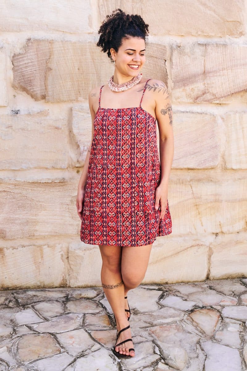 Womens, mini, Peggy Dress, adjustable spaghetti straps, 100% Cotton, hand block print. Aztec Red - Tavira