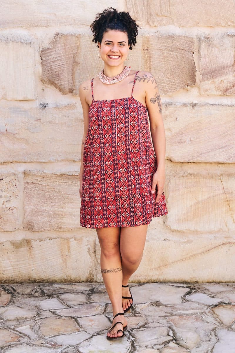 Womens, mini, Peggy Dress, adjustable spaghetti straps, 100% Cotton, hand block print. Aztec Red - Tavira