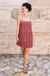 Womens, mini, Peggy Dress, adjustable spaghetti straps, 100% Cotton, hand block print. Aztec Red - Tavira