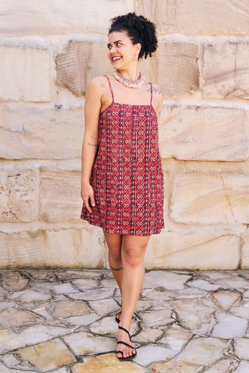 Womens, mini, Peggy Dress, adjustable spaghetti straps, 100% Cotton, hand block print. Aztec Red - Tavira
