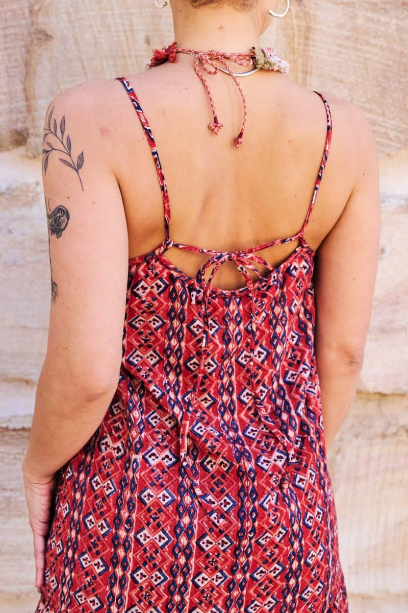 Womens, mini, Peggy Dress, adjustable spaghetti straps, 100% Cotton, hand block print. Aztec Red - Tavira