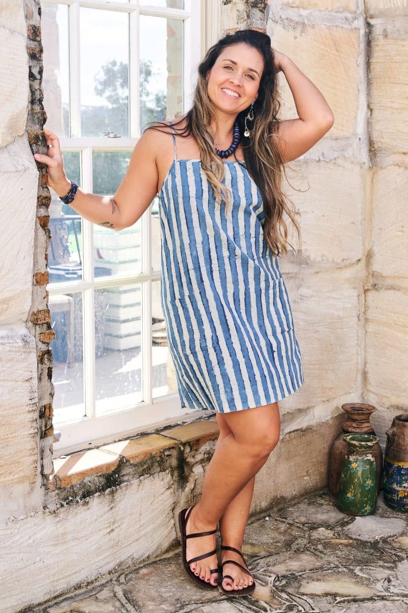 Womens, mini, Peggy Dress, adjustable spaghetti straps, 100% Cotton, hand block print. Natural Indigo Blue - Indigo Nautic
