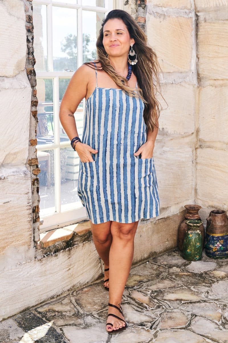 Womens, mini, Peggy Dress, adjustable spaghetti straps, 100% Cotton, hand block print. Natural Indigo Blue - Indigo Nautic