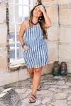 Womens, mini, Peggy Dress, adjustable spaghetti straps, 100% Cotton, hand block print. Natural Indigo Blue - Indigo Nautic