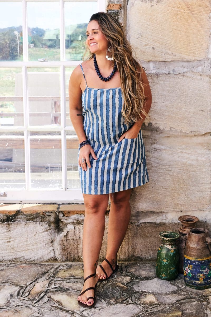 Womens, mini, Peggy Dress, adjustable spaghetti straps, 100% Cotton, hand block print. Natural Indigo Blue - Indigo Nautic