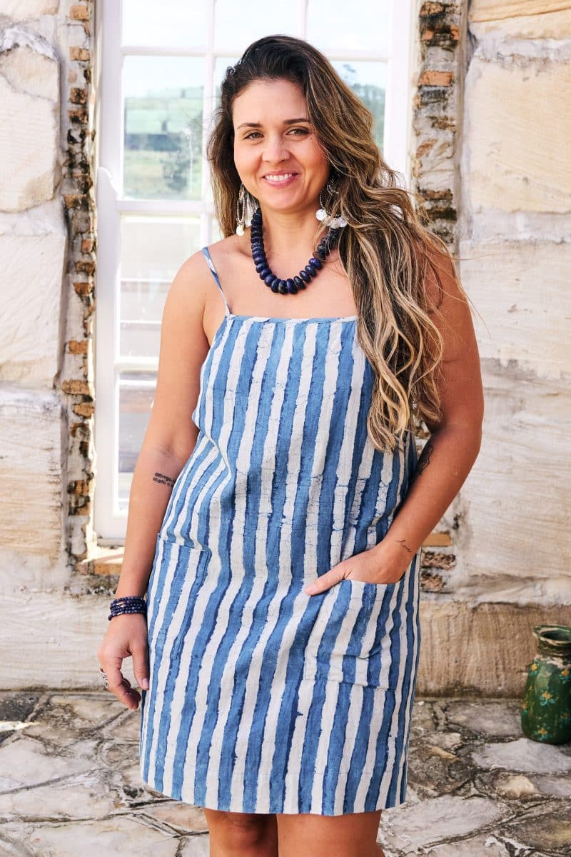 Womens, mini, Peggy Dress, adjustable spaghetti straps, 100% Cotton, hand block print. Natural Indigo Blue - Indigo Nautic
