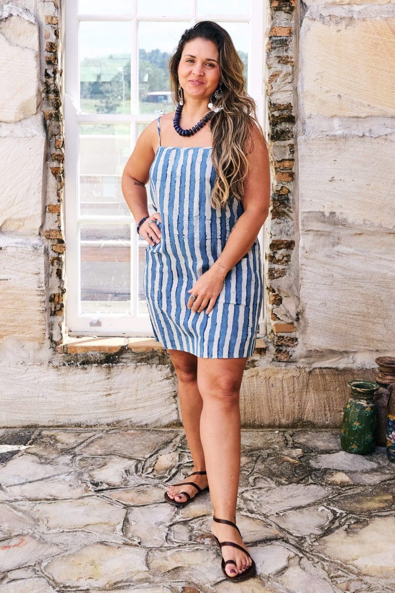 Womens, mini, Peggy Dress, adjustable spaghetti straps, 100% Cotton, hand block print. Natural Indigo Blue - Indigo Nautic