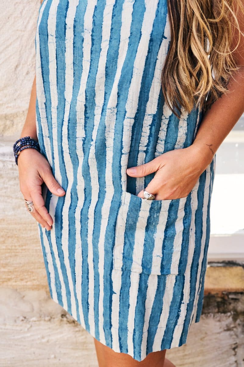 Womens, mini, Peggy Dress, adjustable spaghetti straps, 100% Cotton, hand block print. Natural Indigo Blue - Indigo Nautic