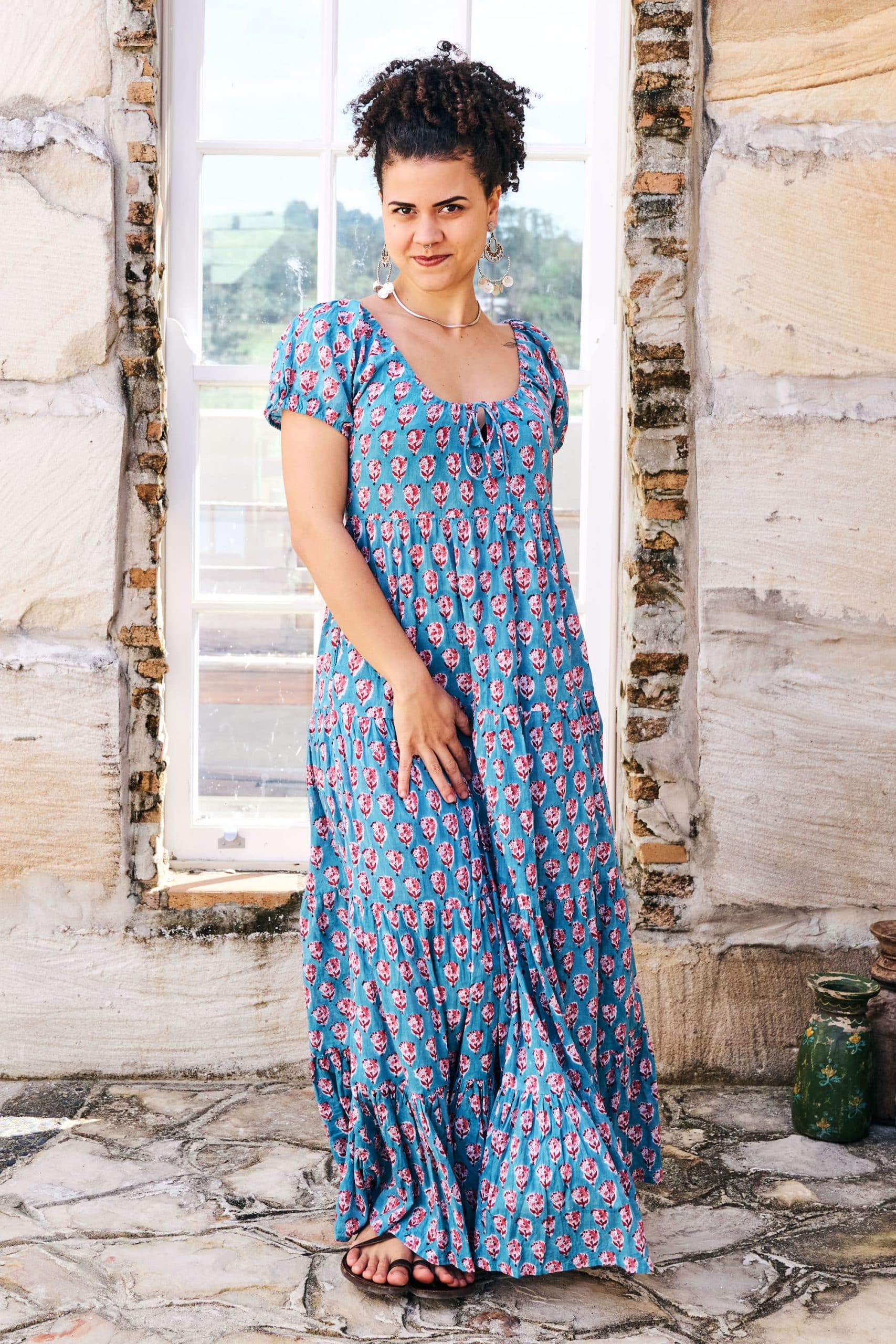 Womens, maxi, Odette Dress, cap sleeves, tiered, low neckline. 100% Cotton, hand block print. Soft & Feminine - Blue Gem