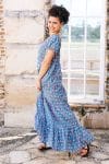 Womens, maxi, Odette Dress, cap sleeves, tiered, low neckline. 100% Cotton, hand block print. Soft & Feminine - Blue Gem