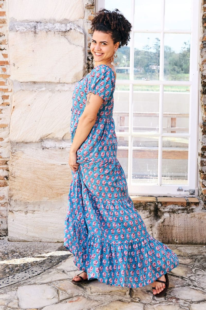 Womens, maxi, Odette Dress, cap sleeves, tiered, low neckline. 100% Cotton, hand block print. Soft & Feminine - Blue Gem
