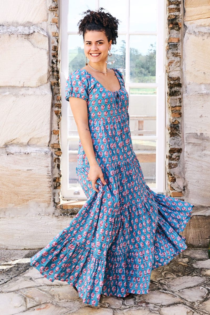 Womens, maxi, Odette Dress, cap sleeves, tiered, low neckline. 100% Cotton, hand block print. Soft & Feminine - Blue Gem