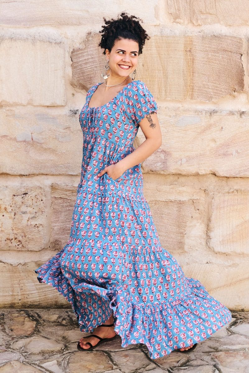 Womens, maxi, Odette Dress, cap sleeves, tiered, low neckline. 100% Cotton, hand block print. Soft & Feminine - Blue Gem