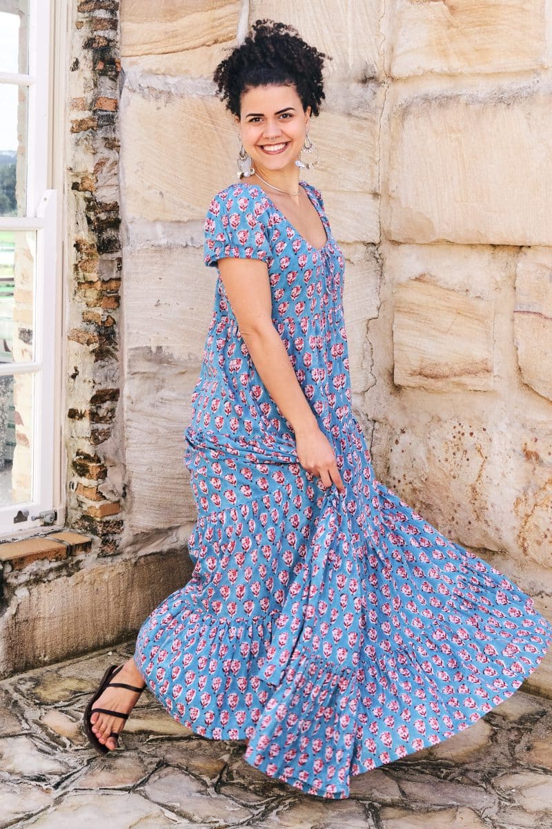 Womens, maxi, Odette Dress, cap sleeves, tiered, low neckline. 100% Cotton, hand block print. Soft & Feminine - Blue Gem