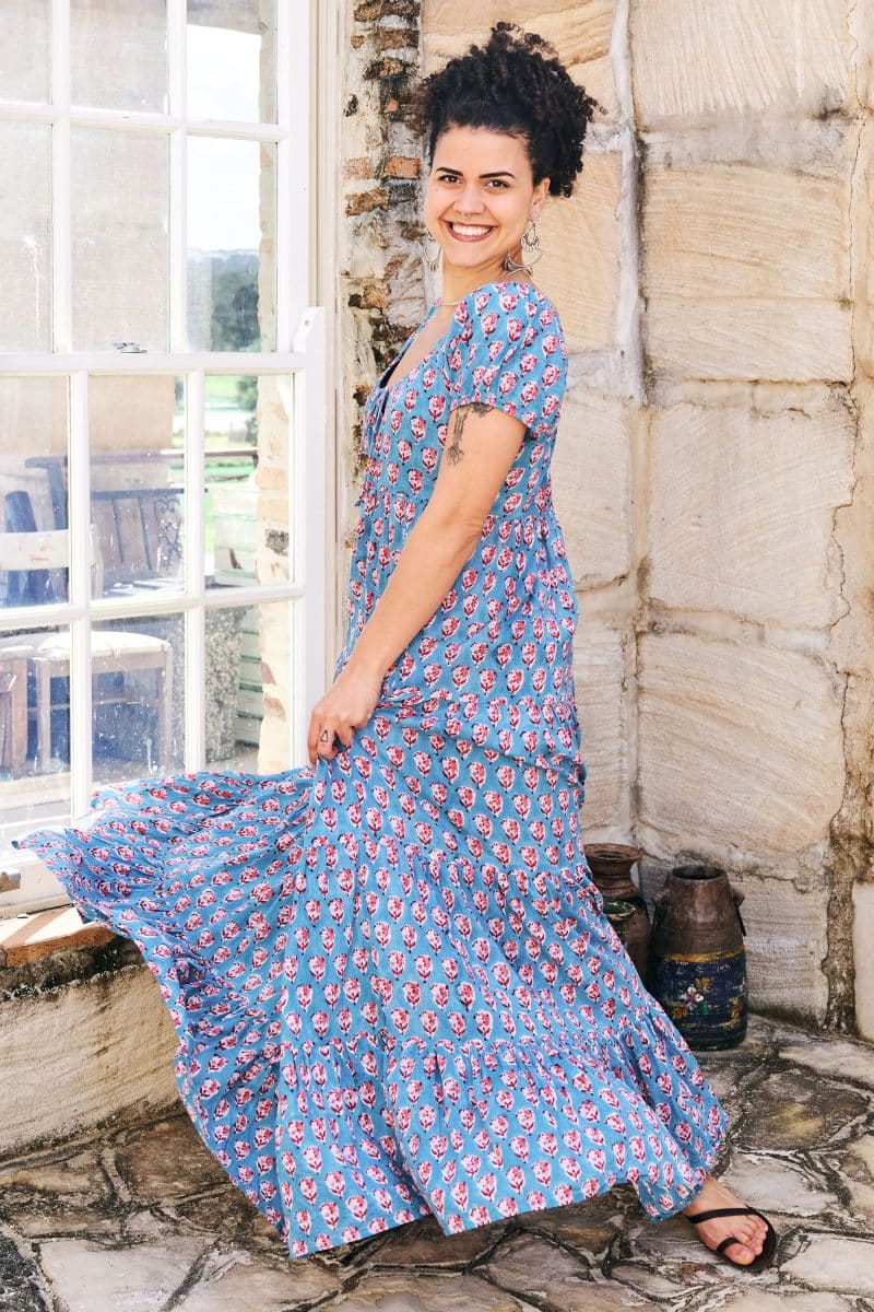 Womens, maxi, Odette Dress, cap sleeves, tiered, low neckline. 100% Cotton, hand block print. Soft & Feminine - Blue Gem