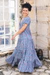 Womens, maxi, Odette Dress, cap sleeves, tiered, low neckline. 100% Cotton, hand block print. Soft & Feminine - Blue Gem