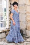 Womens, maxi, Odette Dress, cap sleeves, tiered, low neckline. 100% Cotton, hand block print. Soft & Feminine - Blue Gem