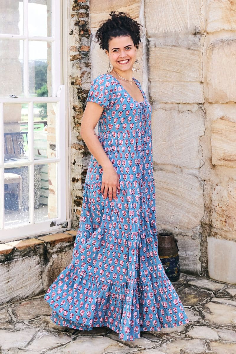 Womens, maxi, Odette Dress, cap sleeves, tiered, low neckline. 100% Cotton, hand block print. Soft & Feminine - Blue Gem