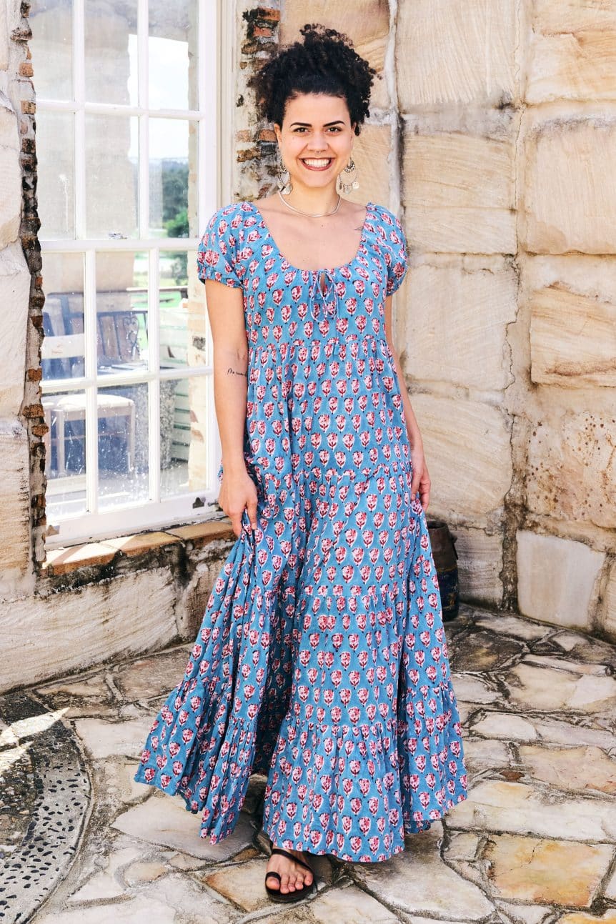 Womens, maxi, Odette Dress, cap sleeves, tiered, low neckline. 100% Cotton, hand block print. Soft & Feminine - Blue Gem