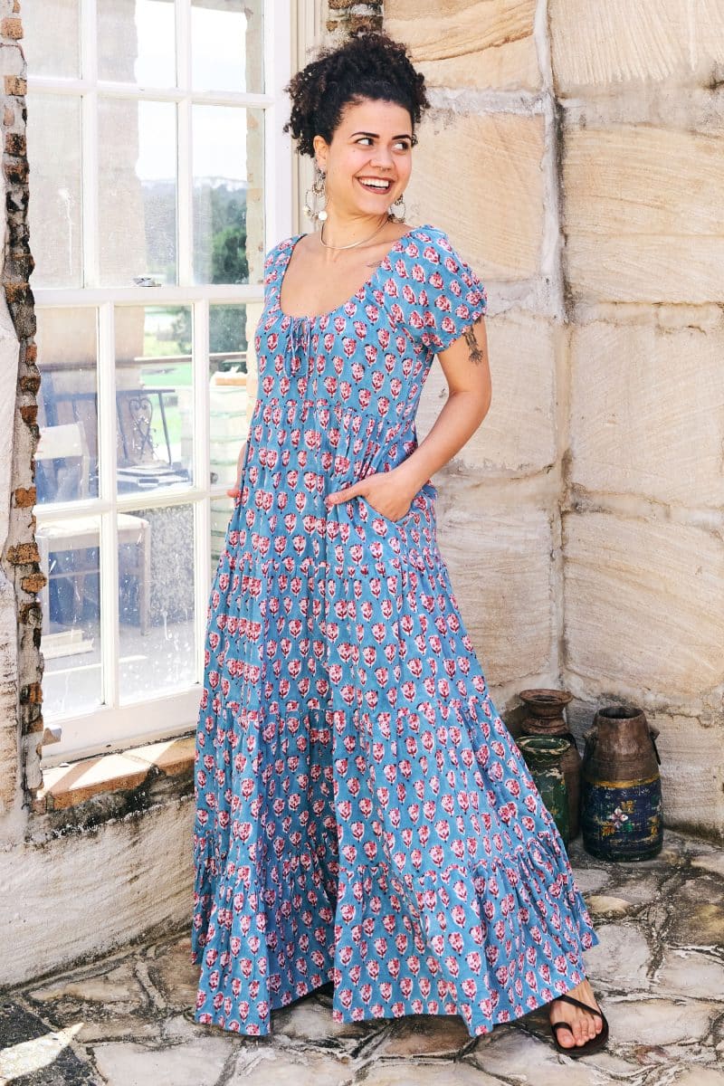 Womens, maxi, Odette Dress, cap sleeves, tiered, low neckline. 100% Cotton, hand block print. Soft & Feminine - Blue Gem