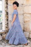 Womens, maxi, Odette Dress, cap sleeves, tiered, low neckline. 100% Cotton, hand block print. Soft & Feminine - Blue Gem