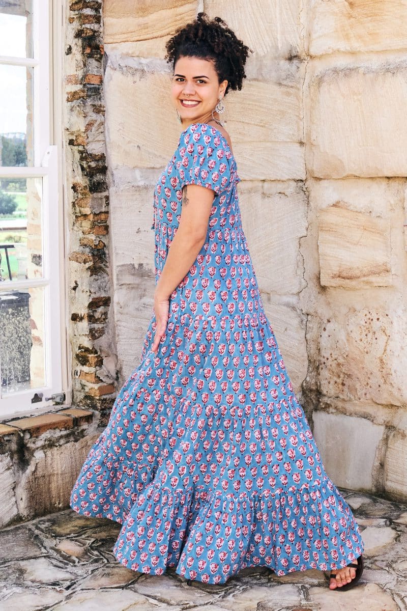 Womens, maxi, Odette Dress, cap sleeves, tiered, low neckline. 100% Cotton, hand block print. Soft & Feminine - Blue Gem
