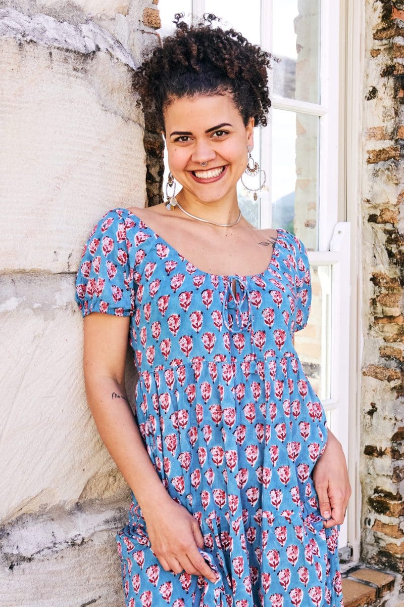 Womens, maxi, Odette Dress, cap sleeves, tiered, low neckline. 100% Cotton, hand block print. Soft & Feminine - Blue Gem