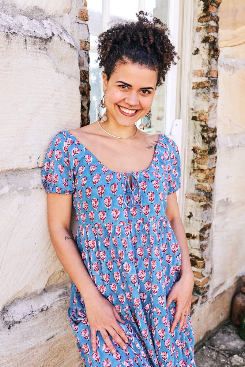 Womens, maxi, Odette Dress, cap sleeves, tiered, low neckline. 100% Cotton, hand block print. Soft & Feminine - Blue Gem