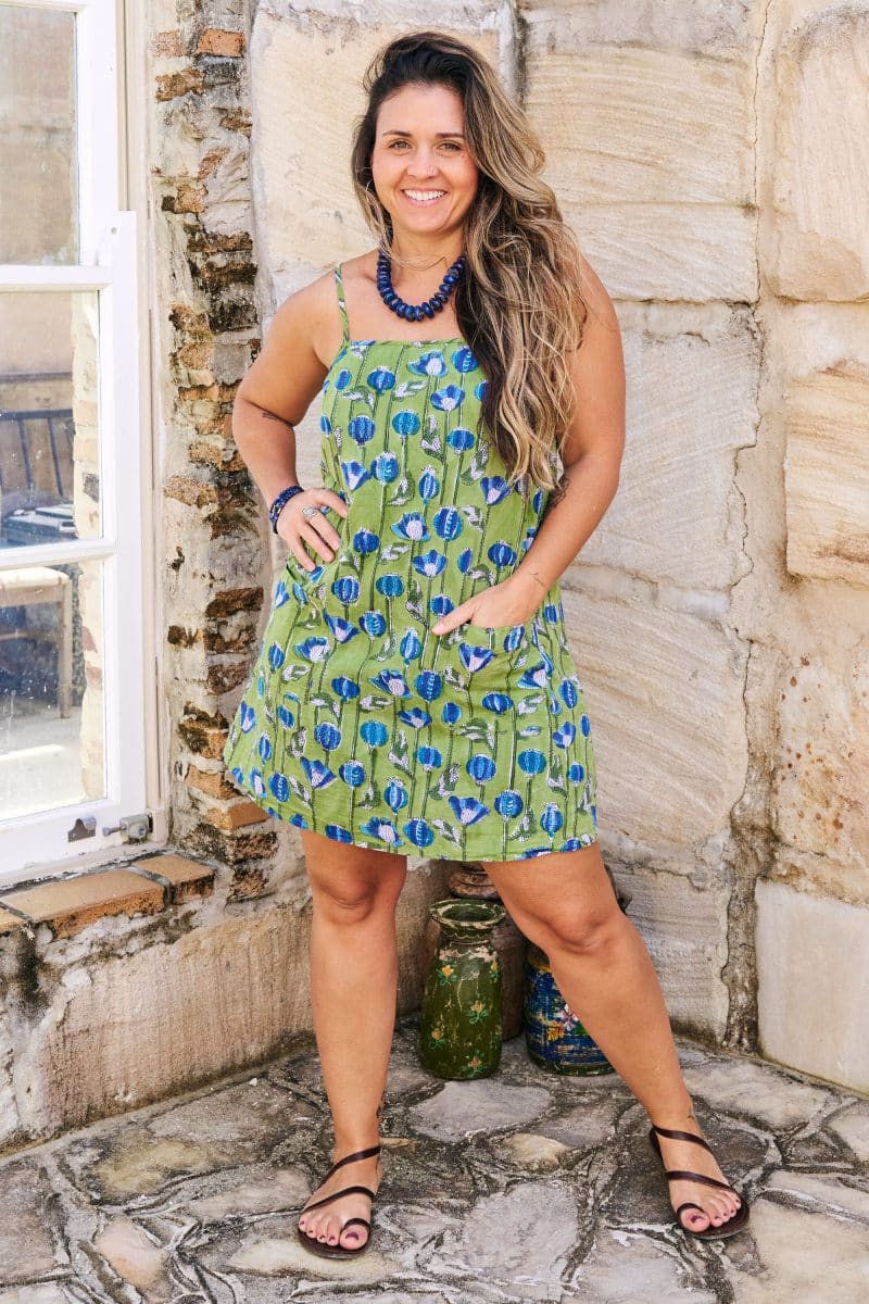 Womens, mini, Peggy Dress, adjustable spaghetti straps, 100% Cotton, hand block print. Summer Green - Verde