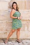 Womens, mini, Peggy Dress, adjustable spaghetti straps, 100% Cotton, hand block print. Summer Green - Verde