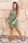 Womens, mini, Peggy Dress, adjustable spaghetti straps, 100% Cotton, hand block print. Summer Green - Verde