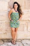Womens, mini, Peggy Dress, adjustable spaghetti straps, 100% Cotton, hand block print. Summer Green - Verde