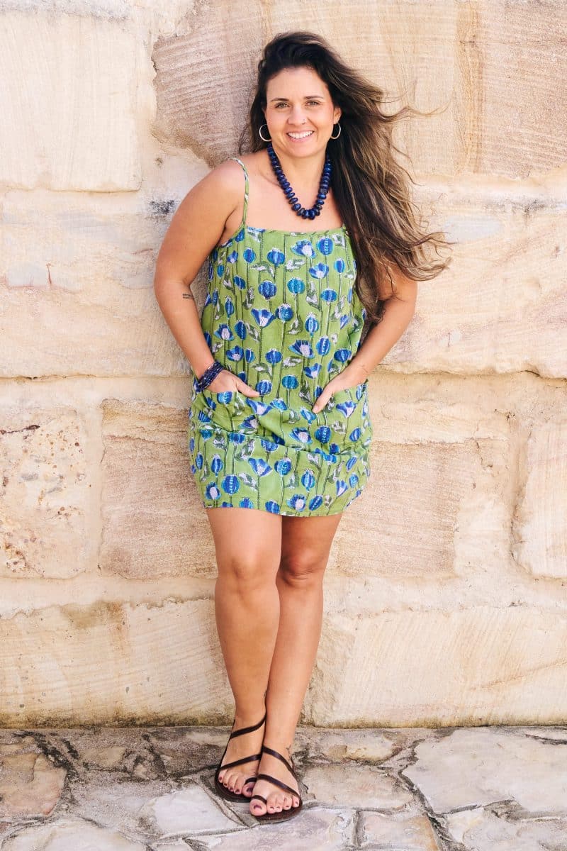 Womens, mini, Peggy Dress, adjustable spaghetti straps, 100% Cotton, hand block print. Summer Green - Verde