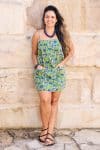 Womens, mini, Peggy Dress, adjustable spaghetti straps, 100% Cotton, hand block print. Summer Green - Verde