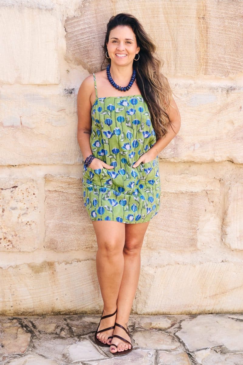 Womens, mini, Peggy Dress, adjustable spaghetti straps, 100% Cotton, hand block print. Summer Green - Verde