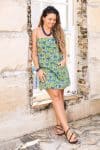 Womens, mini, Peggy Dress, adjustable spaghetti straps, 100% Cotton, hand block print. Summer Green - Verde