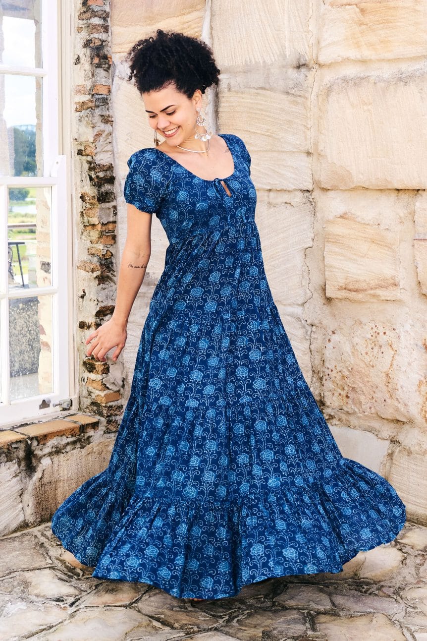 Womens, maxi, Odette Dress, cap sleeves, tiered, low neckline. 100% Cotton, hand block print. Natural Indigo Blue - Indigo Lila