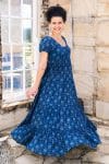 Womens, maxi, Odette Dress, cap sleeves, tiered, low neckline. 100% Cotton, hand block print. Natural Indigo Blue - Indigo Lila