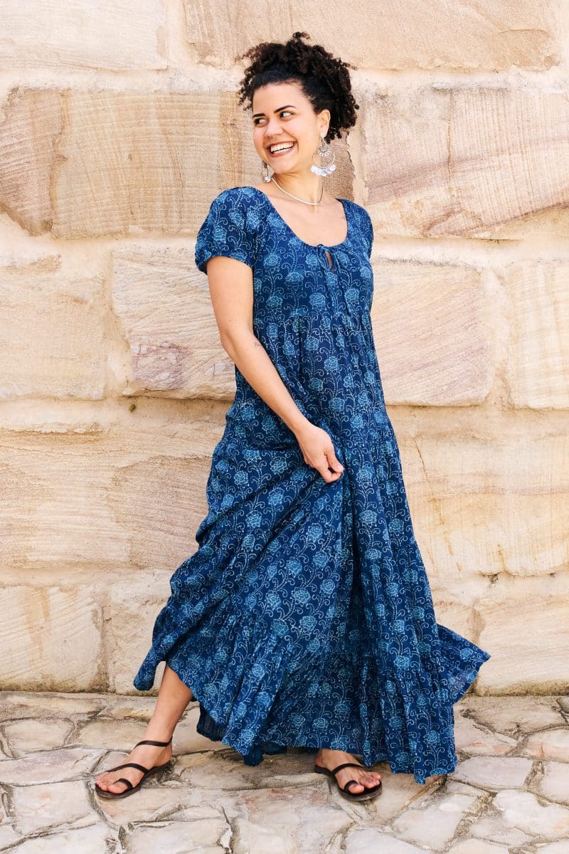 Womens, maxi, Odette Dress, cap sleeves, tiered, low neckline. 100% Cotton, hand block print. Natural Indigo Blue - Indigo Lila