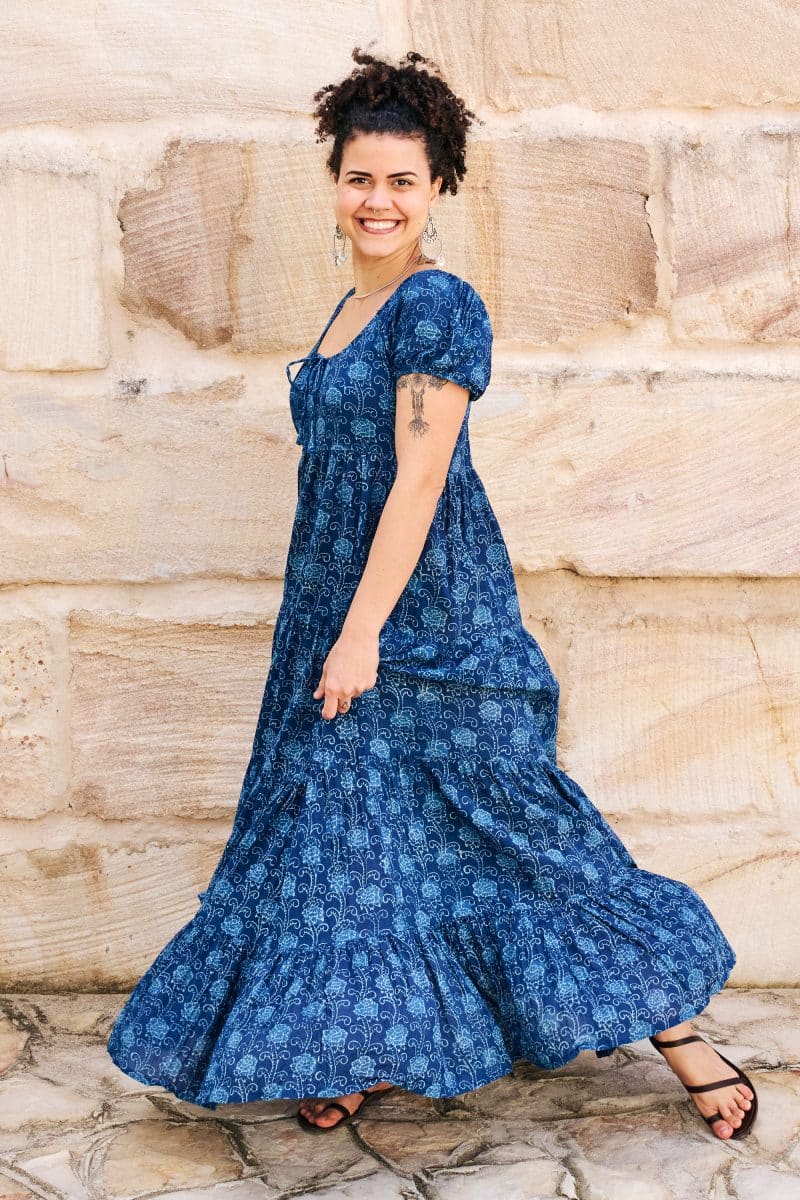 Womens, maxi, Odette Dress, cap sleeves, tiered, low neckline. 100% Cotton, hand block print. Natural Indigo Blue - Indigo Lila