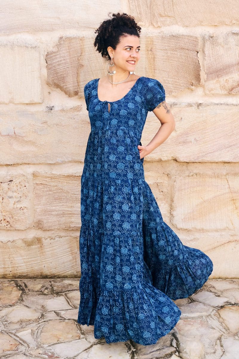 Womens, maxi, Odette Dress, cap sleeves, tiered, low neckline. 100% Cotton, hand block print. Natural Indigo Blue - Indigo Lila