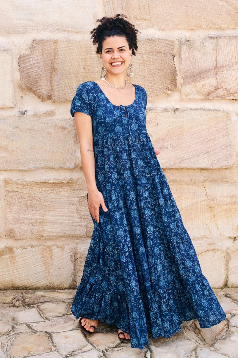 Womens, maxi, Odette Dress, cap sleeves, tiered, low neckline. 100% Cotton, hand block print. Natural Indigo Blue - Indigo Lila