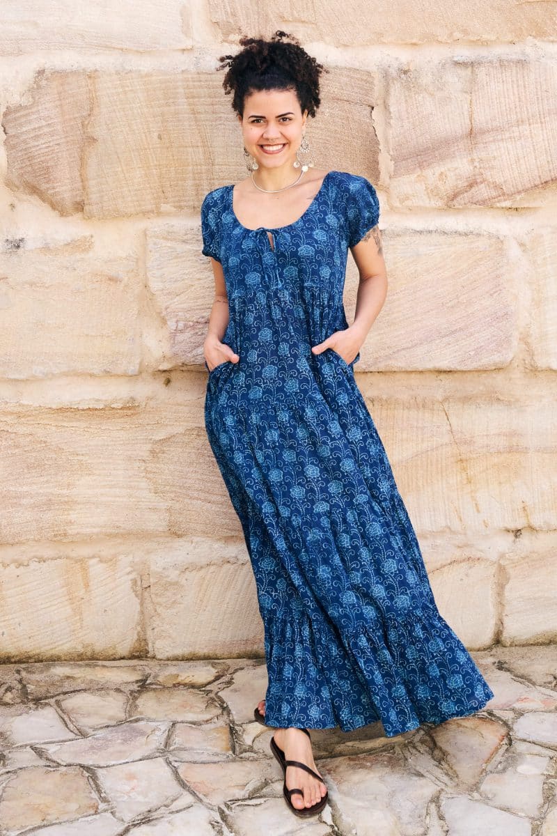 Womens, maxi, Odette Dress, cap sleeves, tiered, low neckline. 100% Cotton, hand block print. Natural Indigo Blue - Indigo Lila